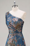 Vestido de Cerimónia Comprido Um Ombro Azul Pavão
