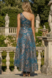 Vestido de Cerimónia Comprido Um Ombro Jacquard Azul Pavão