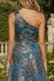 Vestido de Cerimónia Comprido Um Ombro Jacquard Azul Pavão