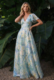 Vestido de Cerimónia floral verde claro de decote em V com linha A