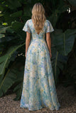 Vestido de Cerimónia floral verde claro de decote em V com linha A