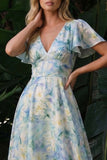 Vestido de Cerimónia floral verde claro de decote em V com linha A