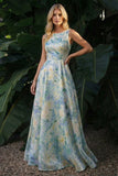 Vestido de Cerimónia Longo Longo Floral Verde Verde A Line Barco