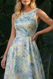 Vestido de Cerimónia Longo Longo Floral Verde Verde A Line Barco