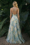 Vestido de Cerimónia Verde Claro Floral Longo Linha A Com Costas Sem Costas