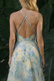 Vestido de Cerimónia Verde Claro Floral Longo Linha A Com Costas Sem Costas