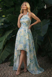 Vestido de Cerimónia Floral High-Low Verde Linha A