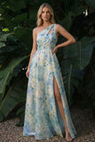 Verde Claro Linha A Corte Longo Vestido de Cerimónia Floral com Fenda