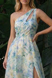 Verde Claro Linha A Corte Longo Vestido de Cerimónia Floral com Fenda