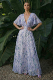 Vestido de Cerimónia roxo claro de decote em V sem costas longas florais da linha A