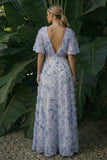 Vestido de Cerimónia roxo claro de decote em V sem costas longas florais da linha A