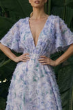 Vestido de Cerimónia roxo claro de decote em V sem costas longas florais da linha A