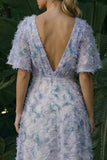 Vestido de Cerimónia roxo claro de decote em V sem costas longas florais da linha A