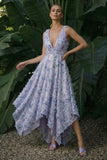 Vestido de Cerimónia A Sem Costas Floral Púrpura Claro Assimétrico