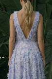 Vestido de Cerimónia A Sem Costas Floral Púrpura Claro Assimétrico