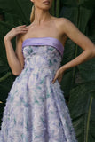 Vestido formal floral Asymmetrical A Line Purple Light Strapless Strapless