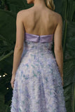 Vestido formal floral Asymmetrical A Line Purple Light Strapless Strapless