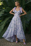 Vestido formal longo floral em linha A roxo claro com laços