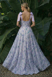 Vestido formal longo floral em linha A roxo claro com laços
