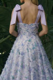 Vestido formal longo floral em linha A roxo claro com laços