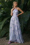 Vestido formal sem costas sem costas em A roxo claro, longa floral