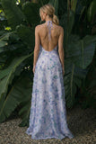 Vestido formal sem costas sem costas em A roxo claro, longa floral
