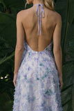 Vestido formal sem costas sem costas em A roxo claro, longa floral