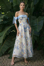 Vestido de Cerimónia Comprido Floral Azul Claro com Ombros a Ombro