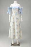 Vestido de Cerimónia Comprido Floral Azul Claro com Ombros a Ombro
