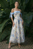 Vestido de Cerimónia Comprido Floral Azul Claro com Ombros a Ombro