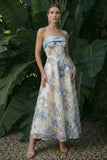 Vestido de Cerimónia Comprido Floral Azul Claro com Ombros a Ombro