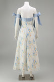 Vestido de Cerimónia Comprido Floral Azul Claro com Ombros a Ombro
