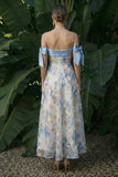 Vestido de Cerimónia Comprido Floral Azul Claro com Ombros a Ombro