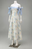 Vestido de Cerimónia Comprido Floral Azul Claro com Ombros a Ombro