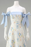 Vestido de Cerimónia Comprido Floral Azul Claro com Ombros a Ombro