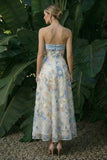Vestido de Cerimónia Comprido Floral Azul Claro com Ombros a Ombro
