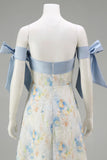 Vestido de Cerimónia Comprido Floral Azul Claro com Ombros a Ombro