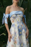 Vestido de Cerimónia Comprido Floral Azul Claro com Ombros a Ombro