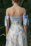 Vestido de Cerimónia Comprido Floral Azul Claro com Ombros a Ombro