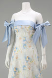 Vestido de Cerimónia Comprido Floral Azul Claro com Ombros a Ombro