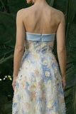 Vestido de Cerimónia Comprido Floral Azul Claro com Ombros a Ombro