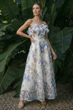 Vestido de Cerimónia longo floral com folhos azul claro