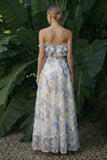 Vestido de Cerimónia longo floral com folhos azul claro