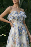 Vestido de Cerimónia longo floral com folhos azul claro
