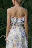 Vestido de Cerimónia longo floral com folhos azul claro