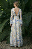 Vestido de Cerimónia floral de decote em V azul claro de mangas longas e decote em V