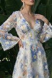 Vestido de Cerimónia floral de decote em V azul claro de mangas longas e decote em V