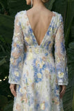 Vestido de Cerimónia floral de decote em V azul claro de mangas longas e decote em V