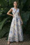 Vestido de Cerimónia Azul Claro Floral Longo Linha A