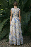Vestido de Cerimónia Azul Claro Floral Longo Linha A